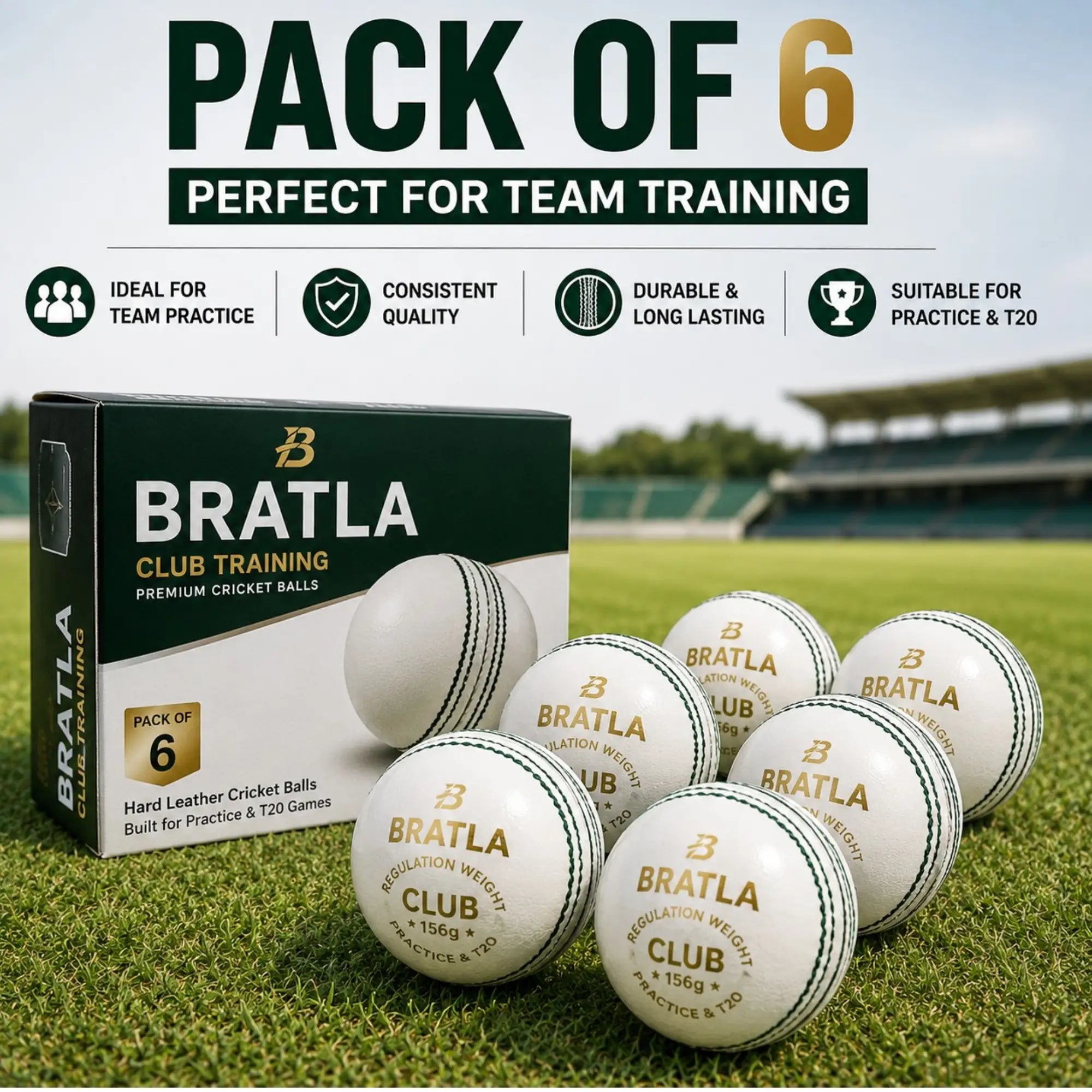 Bratla Club Cricket Balls – Pack of 6 Hard Leather Cricket Balls – Leather Cricket Ball for Practice Training & T20 – Regulation Weight –