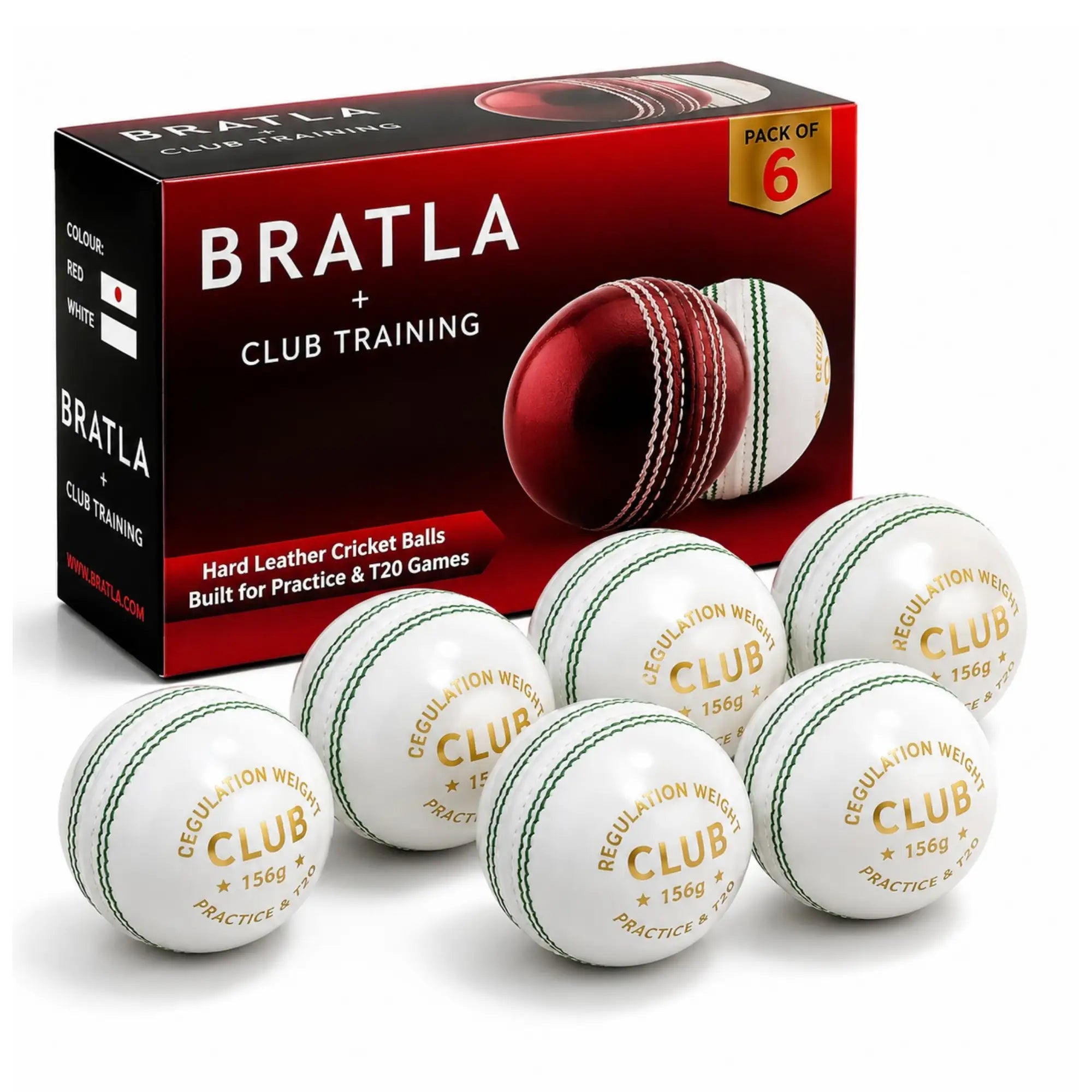 Bratla Club Cricket Balls – Pack of 6 Hard Leather Cricket Balls – Leather Cricket Ball for Practice Training & T20 – Regulation Weight –