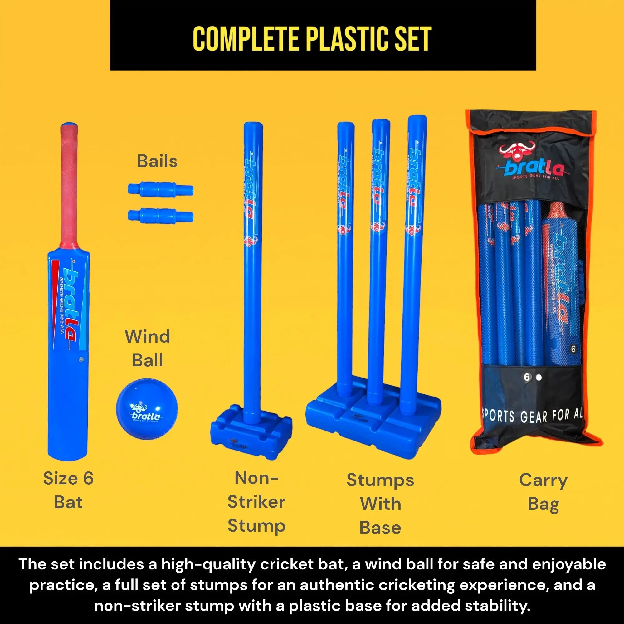 Bratla Cricket Set Size 6 - Blue Color | Includes Bat Wind Ball Stumps and Non-Striker Stump with Plastic Base - BATS - CRICKET SETS