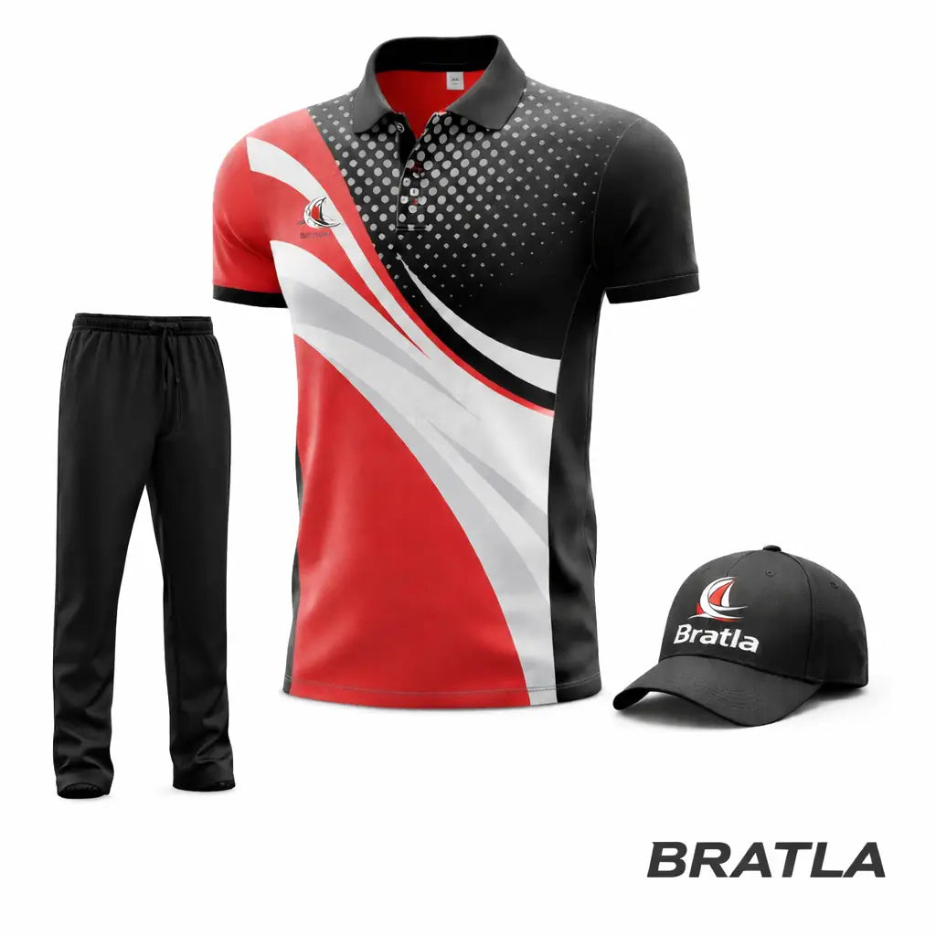 Customized Cricket Uniform With Team And Player Name And Number - Black Silver Red 3 Piece Set - TeamWear-Cricket