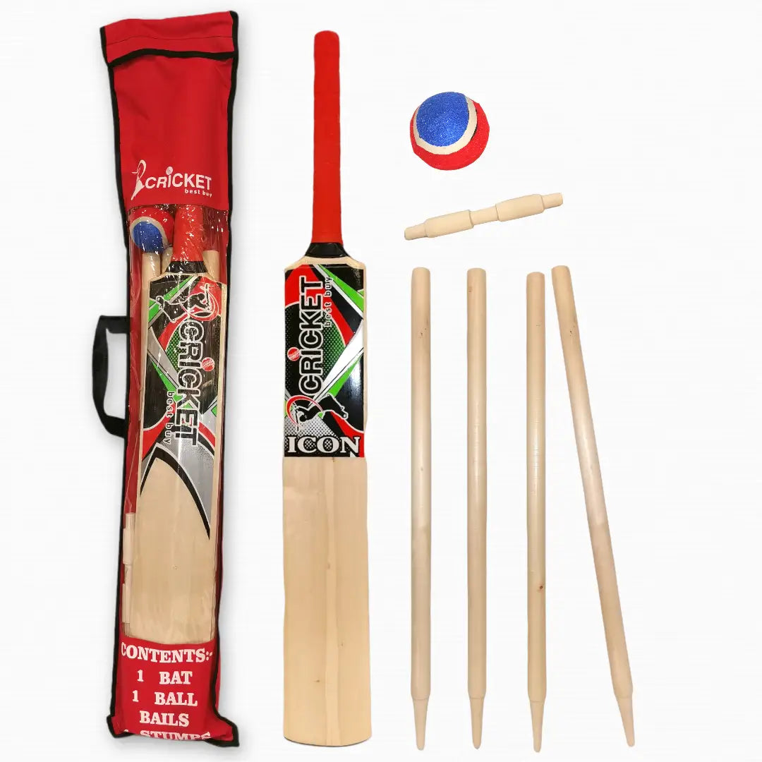 CBB Icon Wooden Cricket Set for Kids Various Colors Great Starter Set - Size / Natural Wood - BATS - CRICKET SETS
