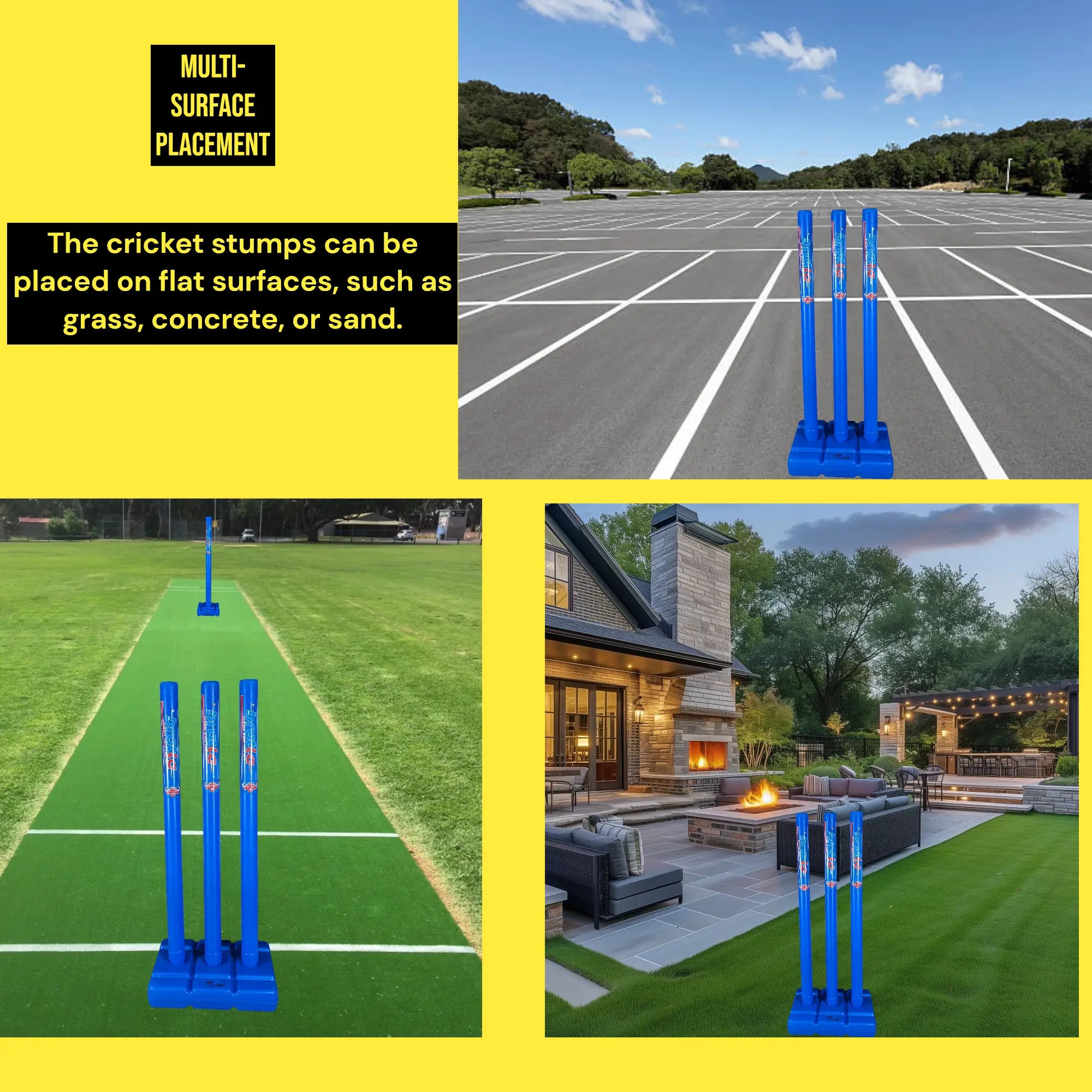 CBB Pro Cricket Plastic Wicket Stumps with Base Blue Multi Surface Placement - STUMPS