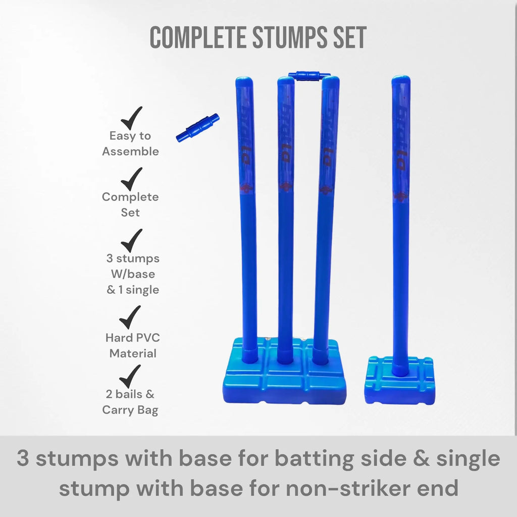 CBB Pro Cricket Plastic Wicket Stumps with Base Blue Multi Surface Placement