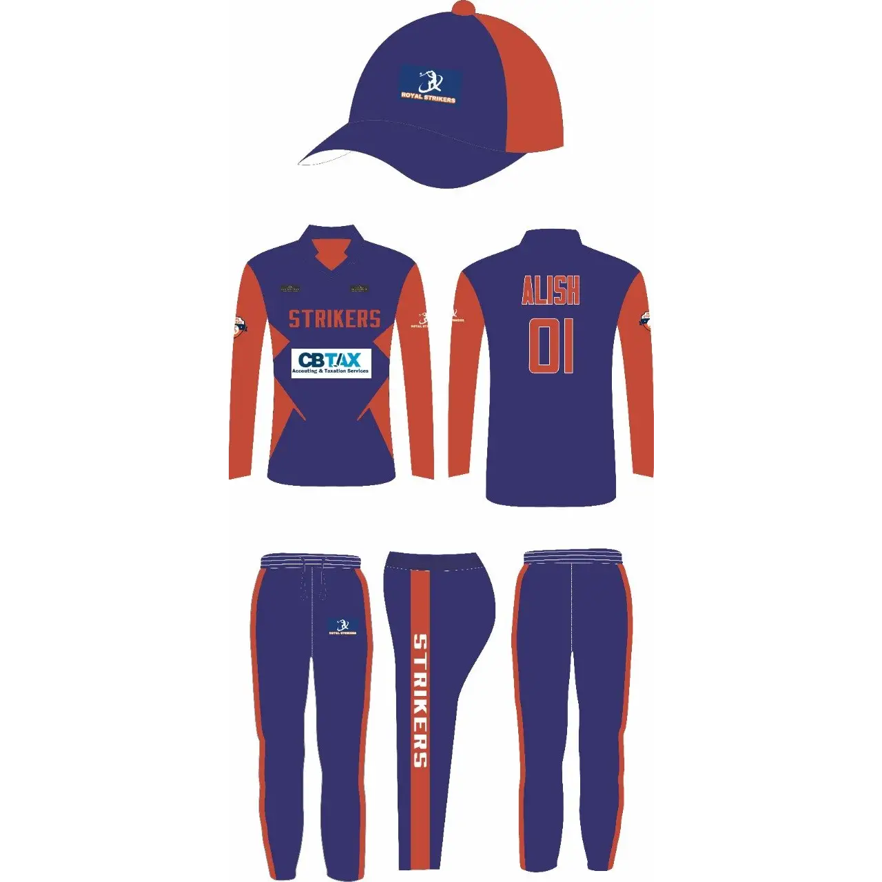 Cricket Full Sublimation Jersey Trouser and Cap Blue and Red 3 Piece Set