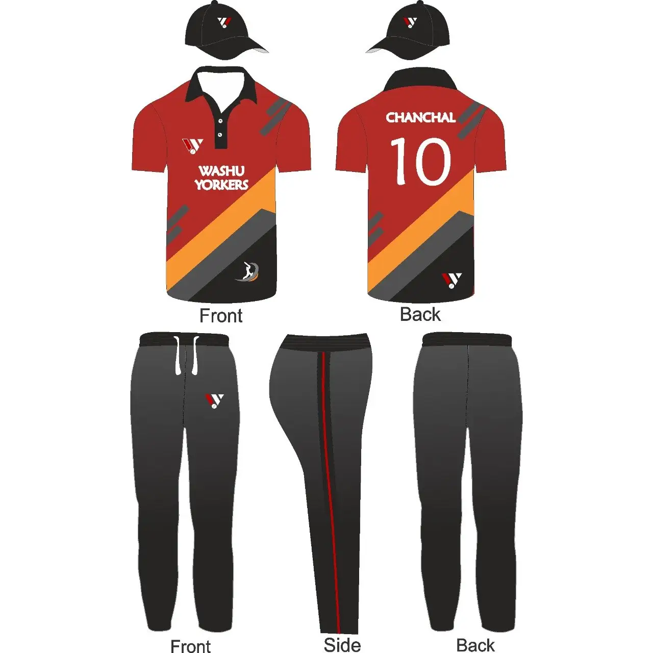 Cricket Jersey Trouser Cap Beautiful Clean Design Black Red Orange - S-XL - Custom Cricket Wear 3PC Full