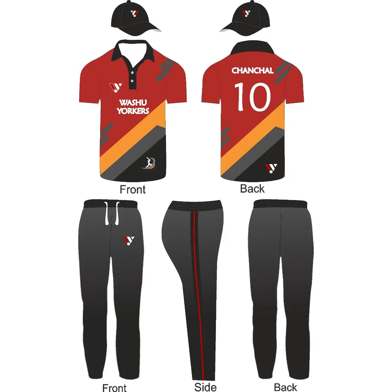 Cricket Jersey Trouser Cap Beautiful Clean Design Black Red Orange 3 Piece Set