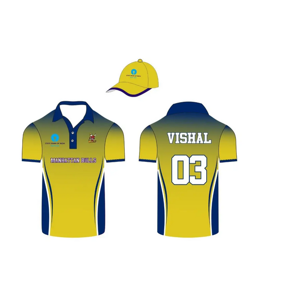 Cricket Shirt And Cap With Player Name And Number & Team Name - Yellow And Blue - Custom Cricket Jerseys