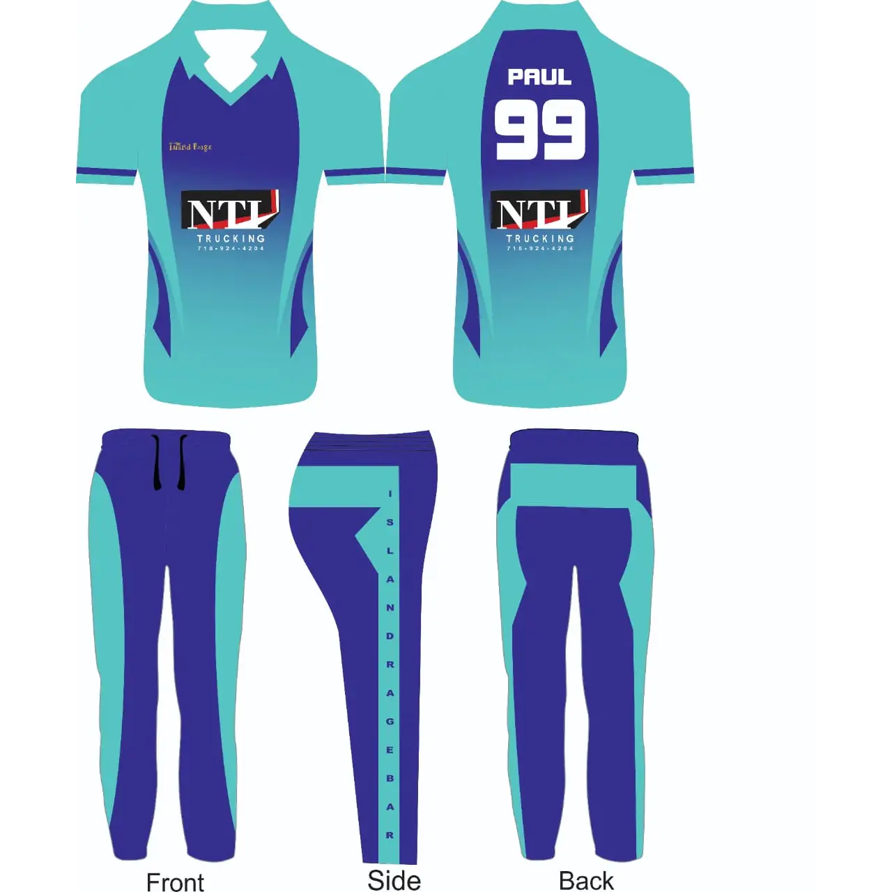 Cricket Shirt And Trouser Fully Customizable With Name And Number - Light And Dark Blue - Custom Cricket Wear 2PC Full