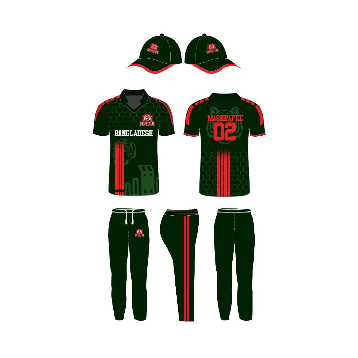 Cricket Shirt Trouser And Cap Fully Customizable With Name And Number - Red & Green - Custom Cricket Wear 3PC Full