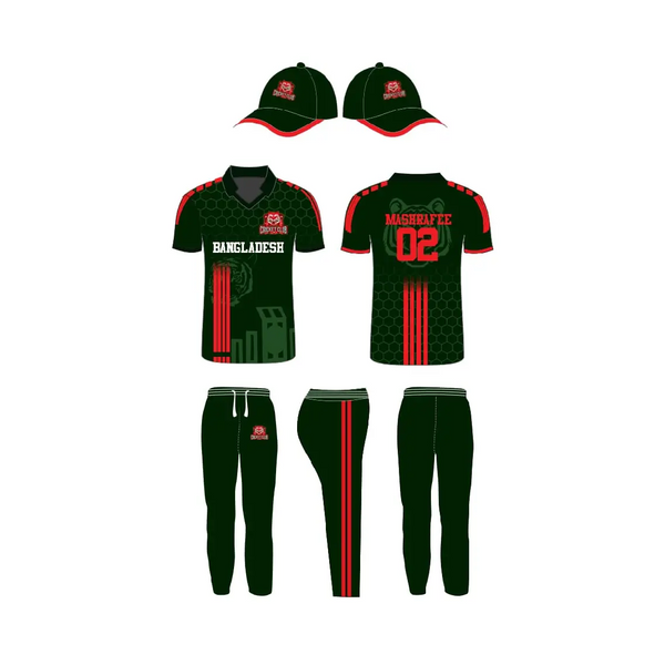Cricket Shirt Trouser And Cap Fully Customizable With Name And Number - Red & Green - Custom Cricket Wear 3PC Full