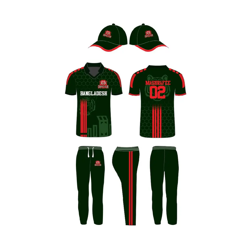 Cricket Shirt Trouser And Cap Fully Customizable With Name And Number - Red  & Green 3 Piece Set 