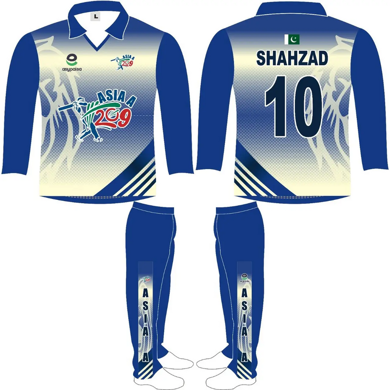 Cricket Sports Jersey Trouser Kit Blue White Name Number Logo - S-XL - Custom Cricket Wear 2PC Full
