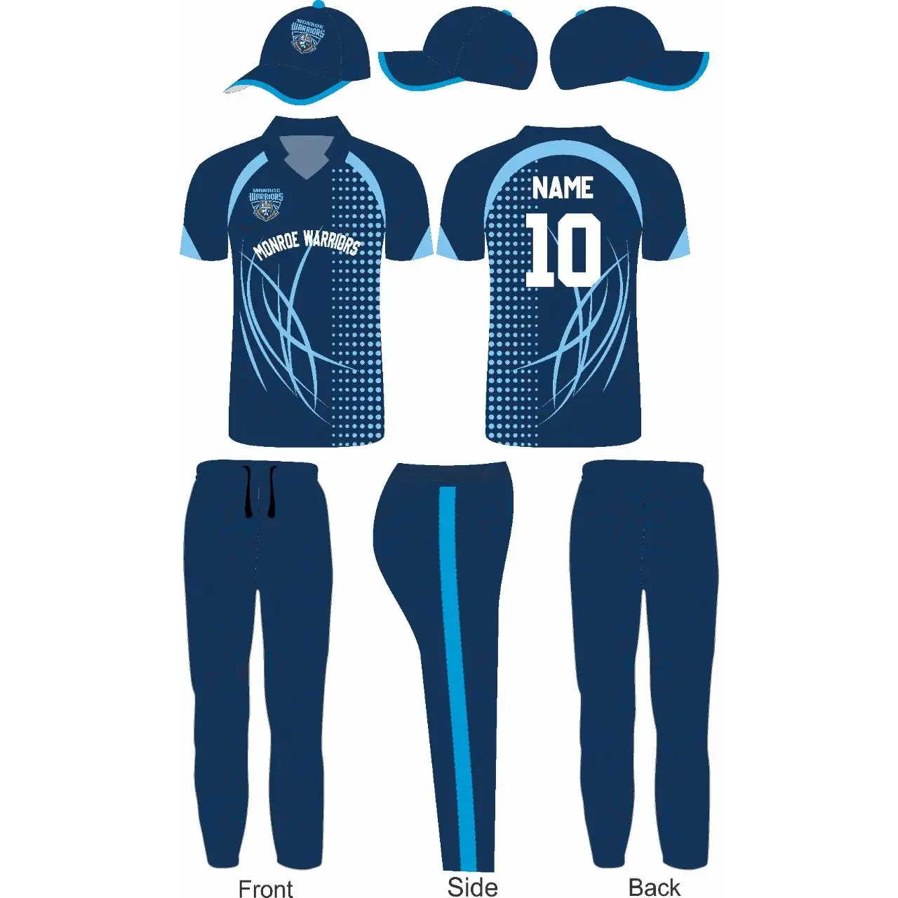 Cricket Uniform Kit Blue V-Neck Design Add Name Number Logo - S-XL - Custom Cricket Wear 3PC Full
