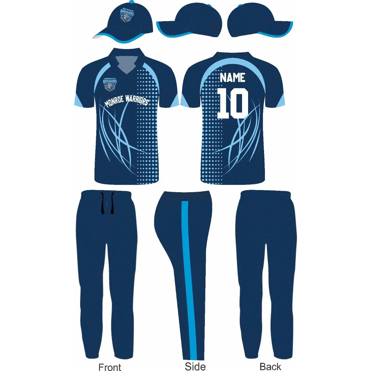 Cricket Uniform Kit Blue V-Neck Design Add Name Number Logo 3 Piece Set