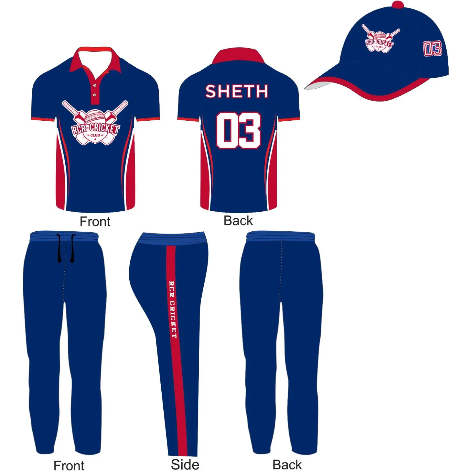 Cricket Uniform Kit Jersey Trouser Cap Blue Red Fully Sublimation - S-XL - Custom Cricket Wear 3PC Full