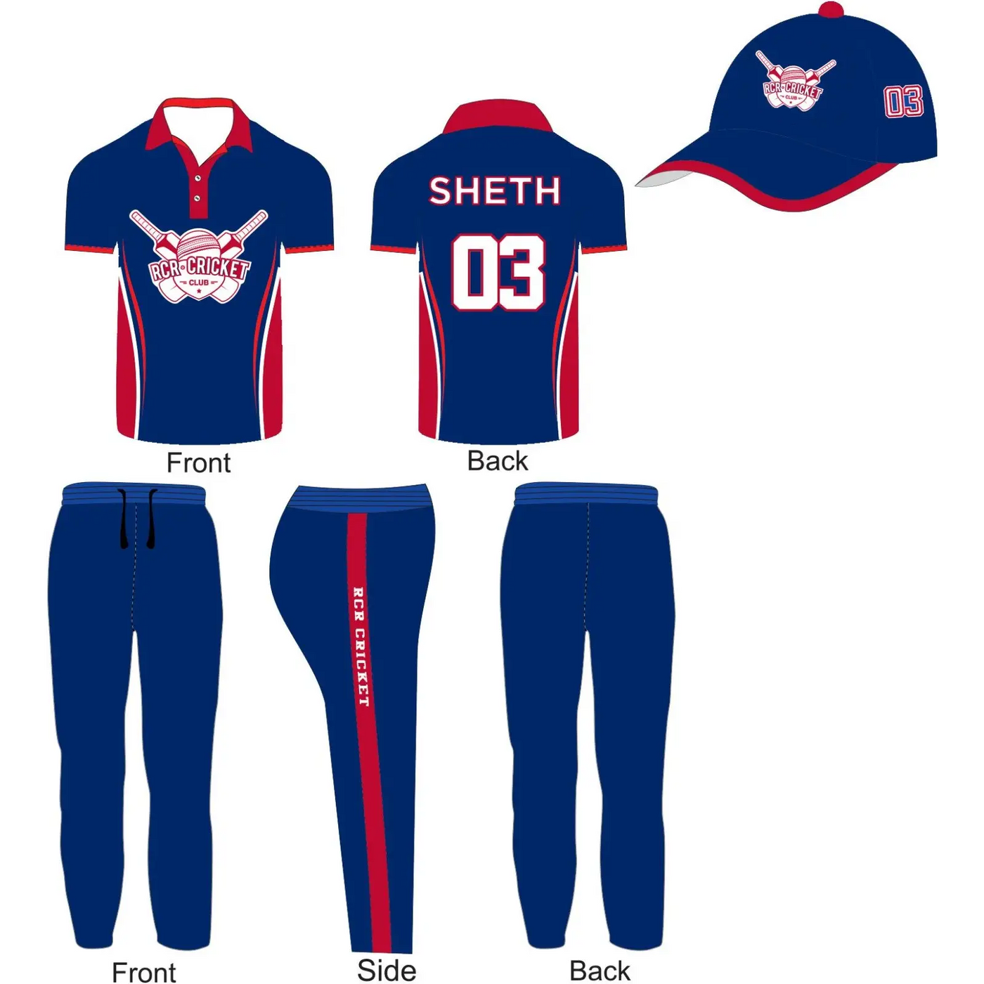 Cricket Uniform Kit Jersey Trouser Cap Blue Red Fully Sublimation 3 Piece Set