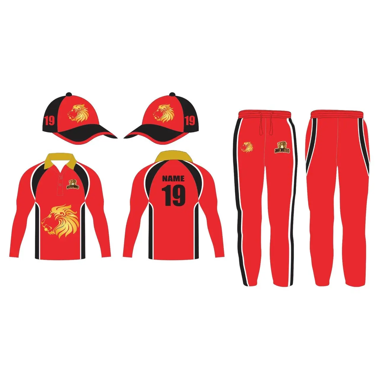 Cricket Uniform Kit Red Color Customized With Name Number Logo - S-XL - Custom Cricket Wear 3PC Full
