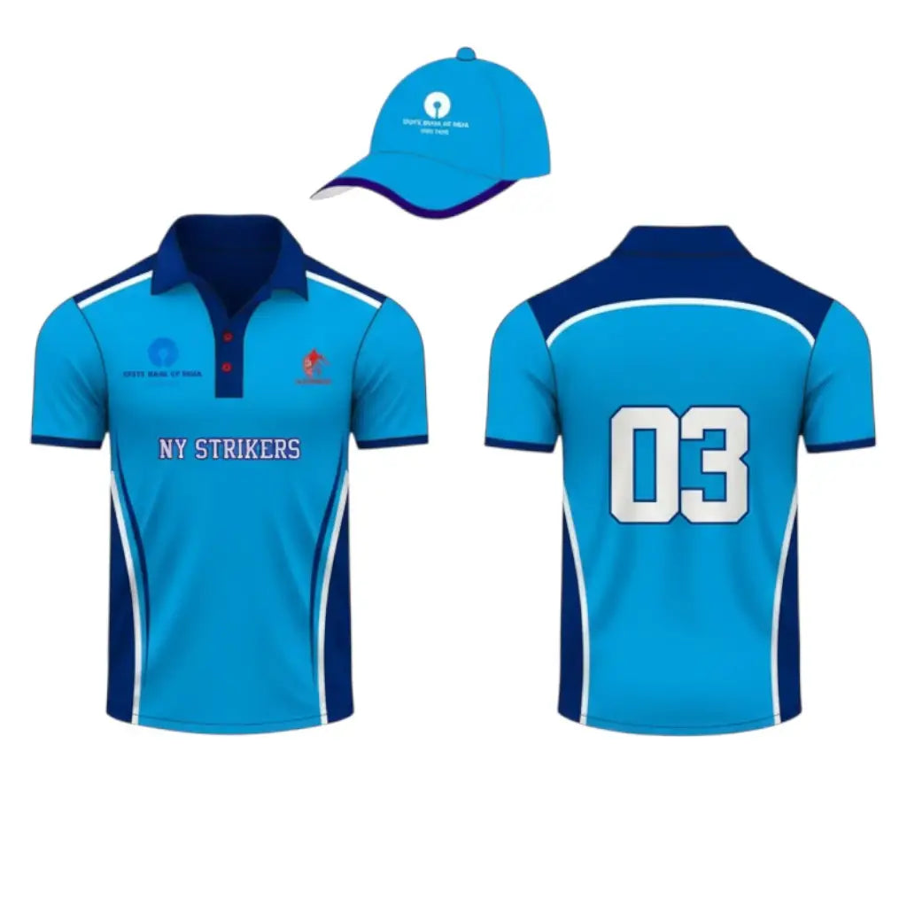 Customized Cricket Shirt And Cap With Team & Player Name And Number - Blue Shirt & Cap - TeamWear