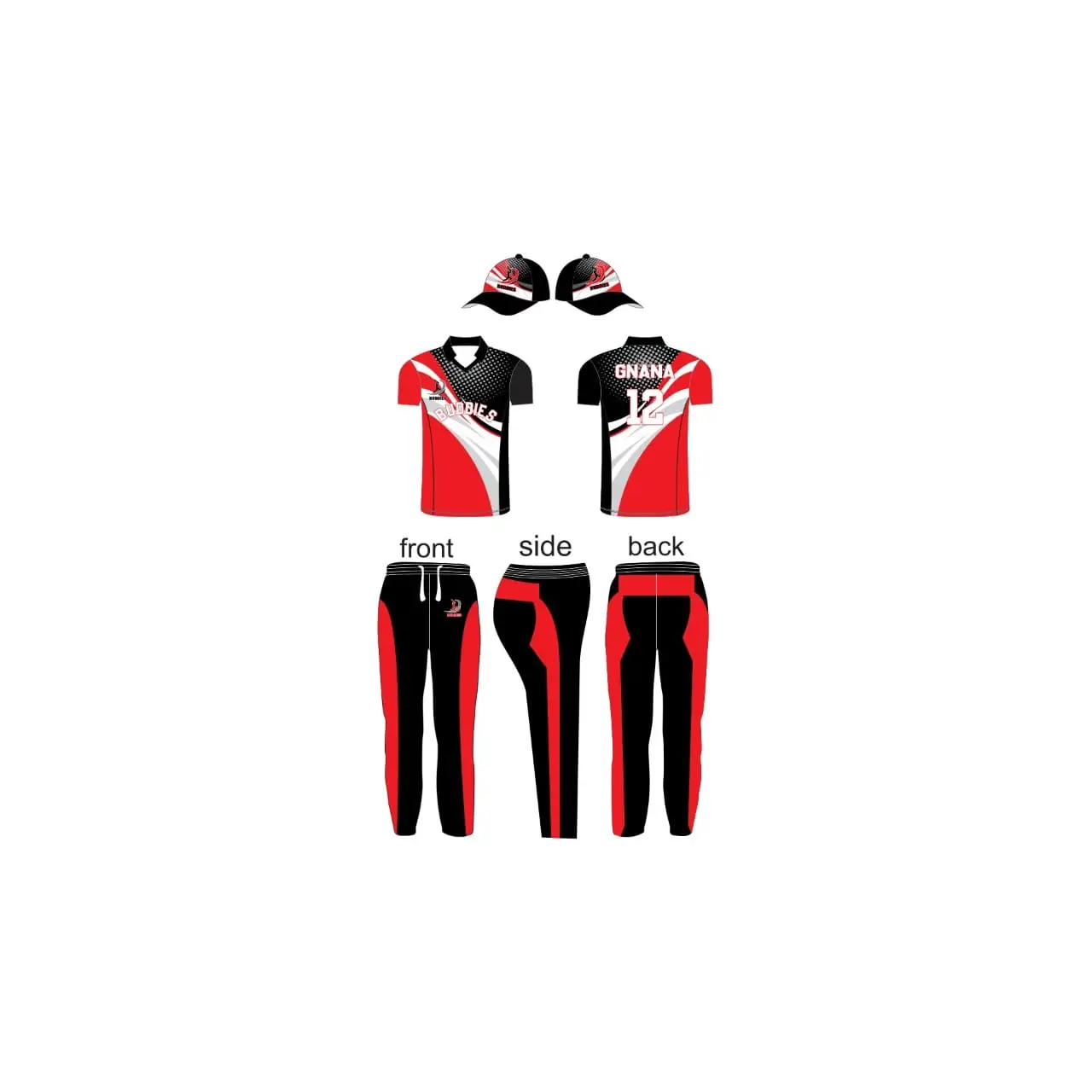Customized Cricket Uniform With Team And Player Name And Number - Black Silver Red - Custom Cricket Wear 3PC Full