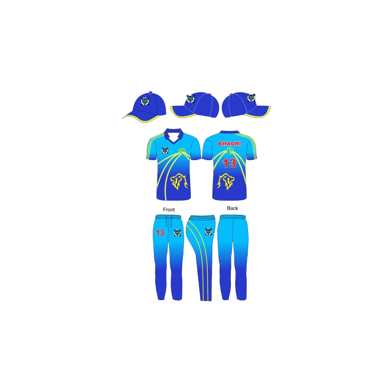 Customized Cricket Uniform With Team Logo Player Name & Number - Yellow Light & Dark Blue - Custom Cricket Wear 3PC Full