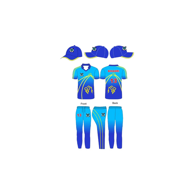 Customized Cricket Uniform With Team Logo Player Name & Number - Yellow Light & Dark Blue - Custom Cricket Wear 3PC Full
