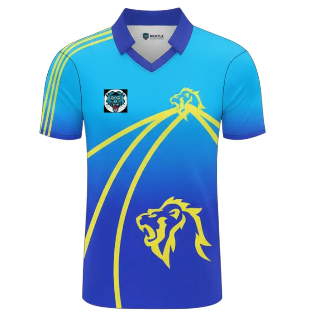 Customized Cricket Uniform With Team Logo Player Name & Number - Yellow , Light & Dark Blue 3 Piece Set