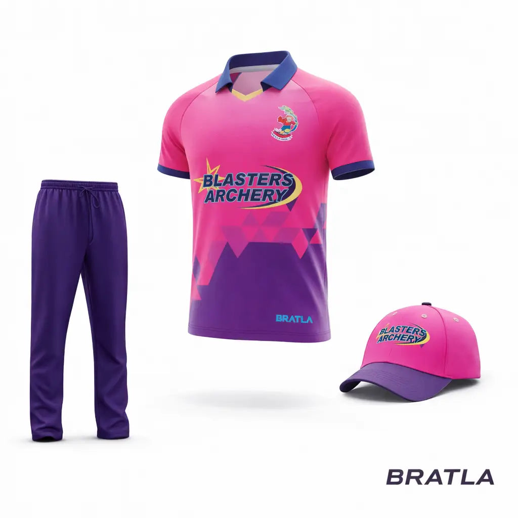 Customized Pink & Blue Cricket Uniform - Shirt Trouser & Cap 3 Piece Set