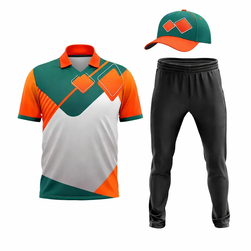 Orange White And Green Cricket Shirt And Gray Trouser 2 Piece Set - TeamWear-Cricket