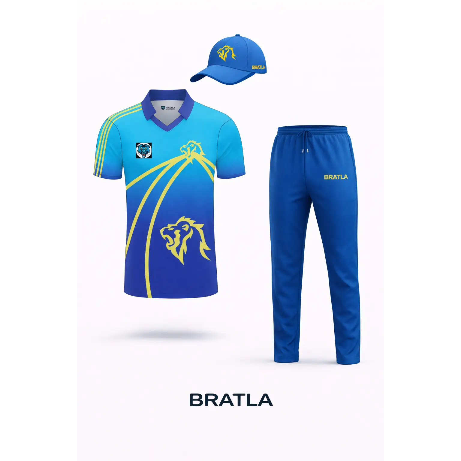 Customized Cricket Uniform With Team Logo Player Name & Number - Yellow Light & Dark Blue 3 Piece Set - TeamWear-Cricket