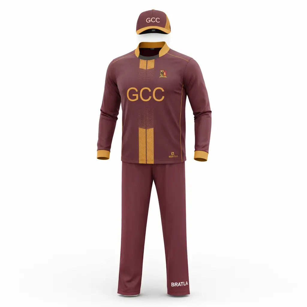 Custom Made Cricket Kits Jersey Trouser & Cap Maroon Gold Design - TeamWear-Cricket