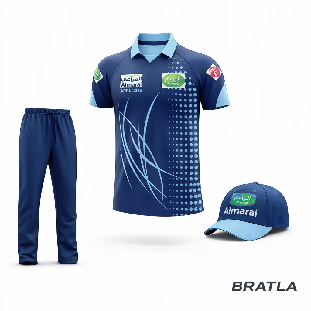 Customizable Cricket Uniform With Name Number & Logo - Light and Dark Blue 3 Piece Set