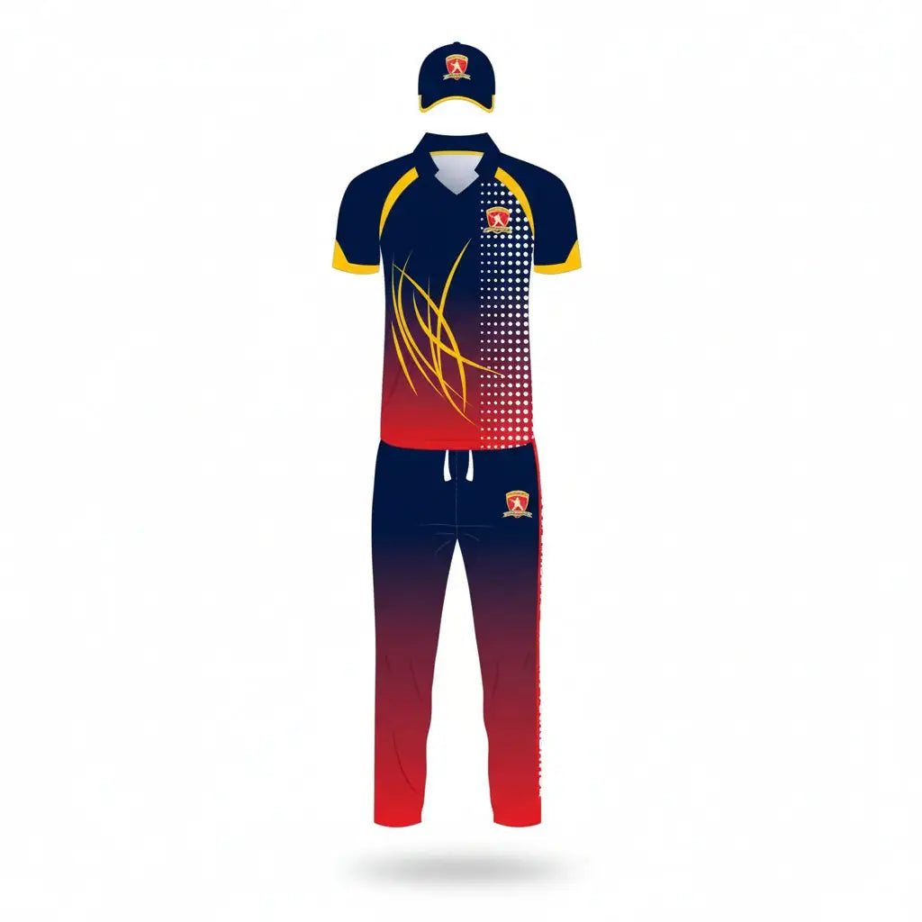 Fully Customized Cricket Uniform - Blue Red Yellow 3 Piece Set - TeamWear