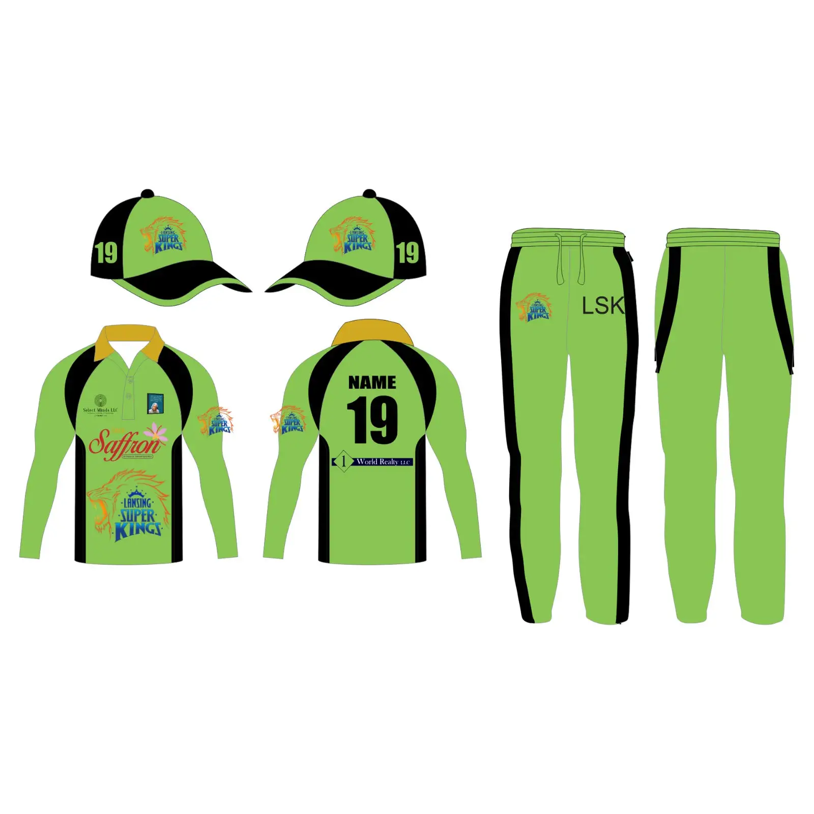Green & Black Cricket Uniform Fully Customizable with Name and Number 3 Piece Set - Custom Wear 3PC Full