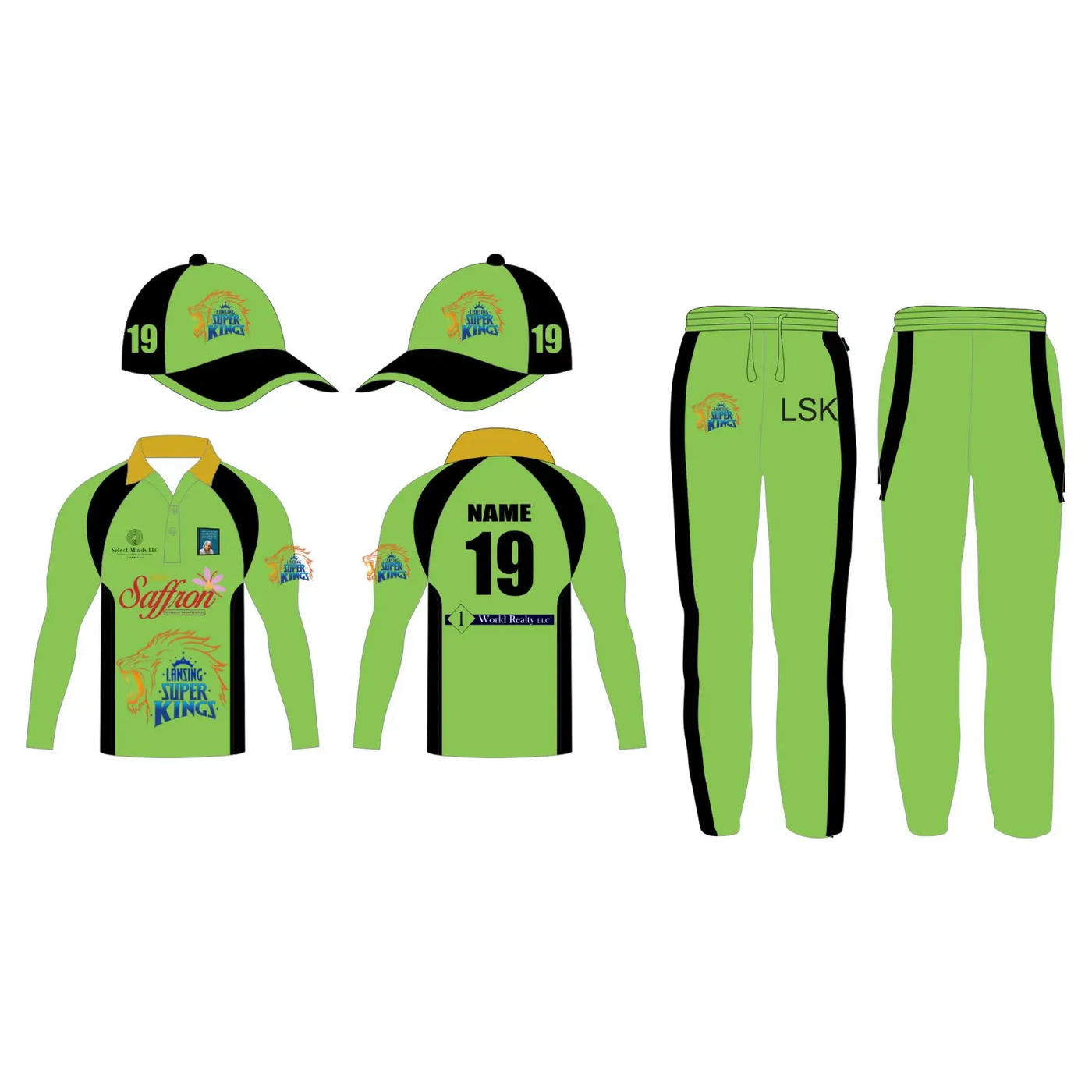 Green & Black Cricket Uniform Fully Customizable with Name and Number 3 Piece Set