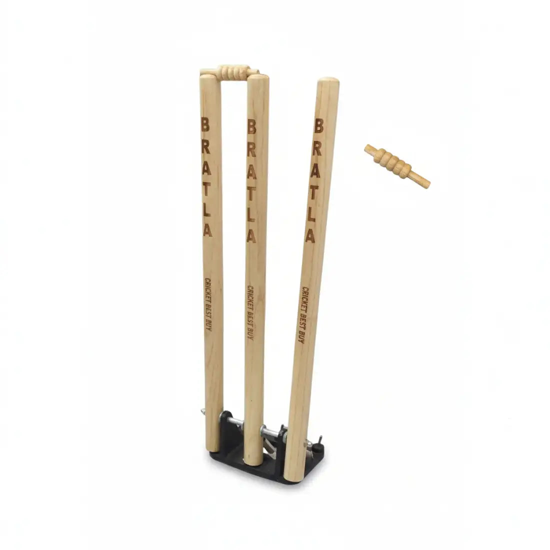 Light-colored wooden cricket stumps with ’bratla’ engraved vertically and a matching wooden bail, accompanied by a separate wooden bails.
