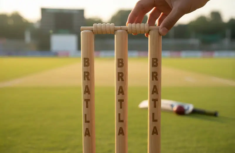 Light-colored wooden cricket stumps with ’bratla’ engraved vertically on each, connected by a matching wicket bar.