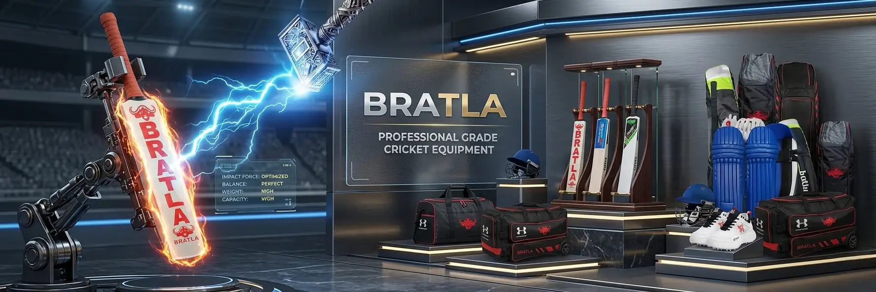 A glowing orange and black cricket bat with ’bratla’ branding, displayed on a robotic arm in a high-tech sports equipment showroom.