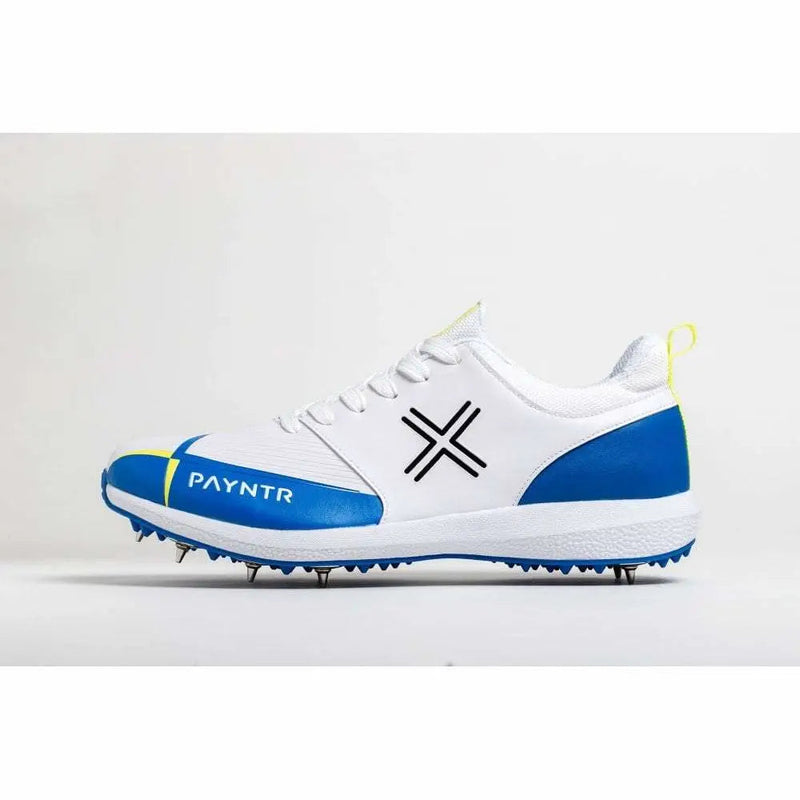 Payntr V Spike Cricket Shoes White & Blue Metal Spike - FOOTWEAR - FULL SPIKE SOLE
