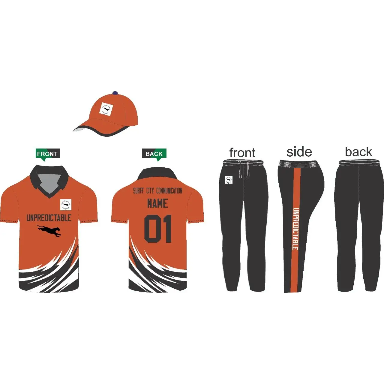 Sports Jersey Trouser and Cap Made to Order Fully Customizable Black Orange - S-XL - Custom Cricket Wear 3PC Full