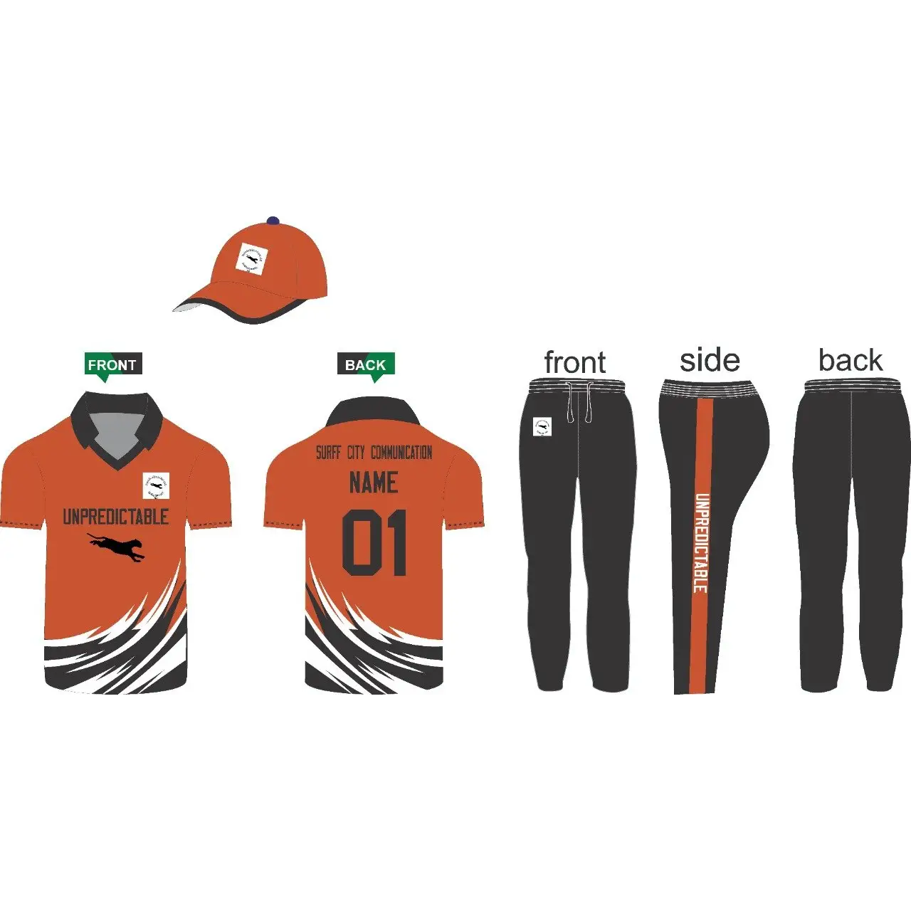Sports Jersey Trouser and Cap Made to Order Fully Customizable Black Orange 3 Piece Set
