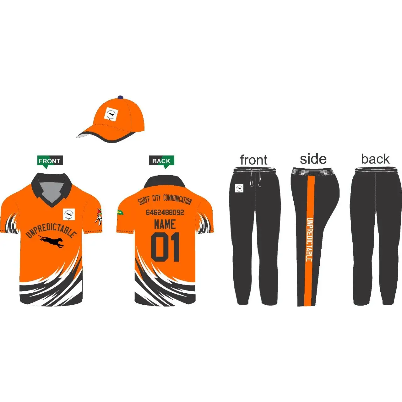 Sports Jersey Trouser and Cap Made to Order Fully Customizable Black Orange - S-XL - Custom Cricket Wear 3PC Full