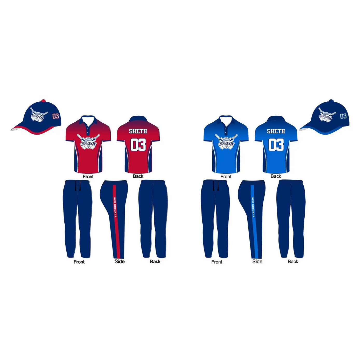 Sublimated Sports Jersey Trouser Cap Two Color Combo Blue Red 3 Piece Set