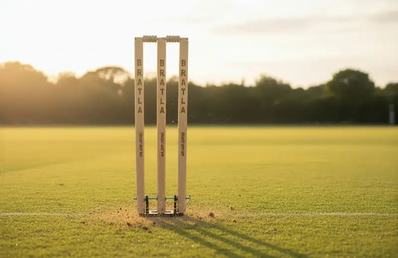 Three white wooden cricket stumps with ’bratla’ engraved vertically on each, standing upright in a grassy field.