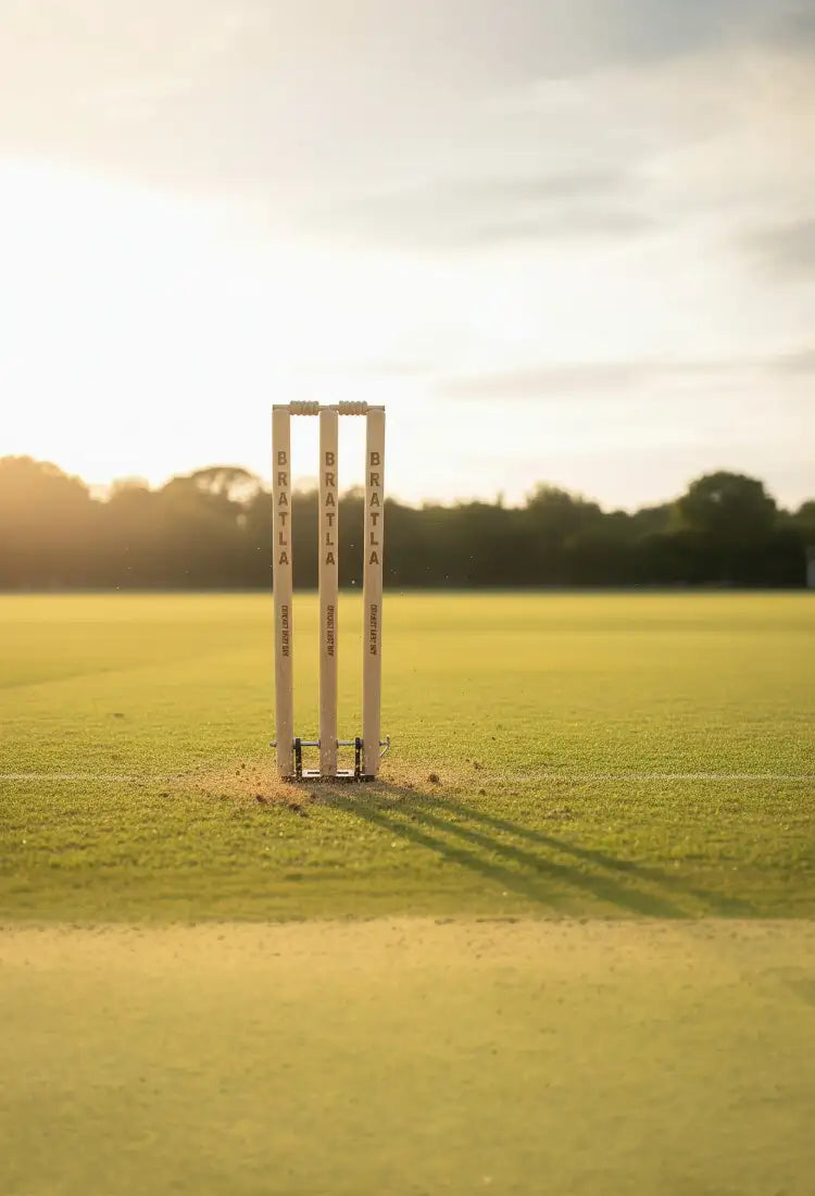 White cricket stumps with ’britta’ branding, standing upright on a grassy field.