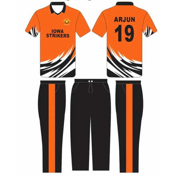 Black & Orange Cricket Uniform Fully Customizable With Name And Number 3 Piece Set - Custom Cricket Wear 3PC Full