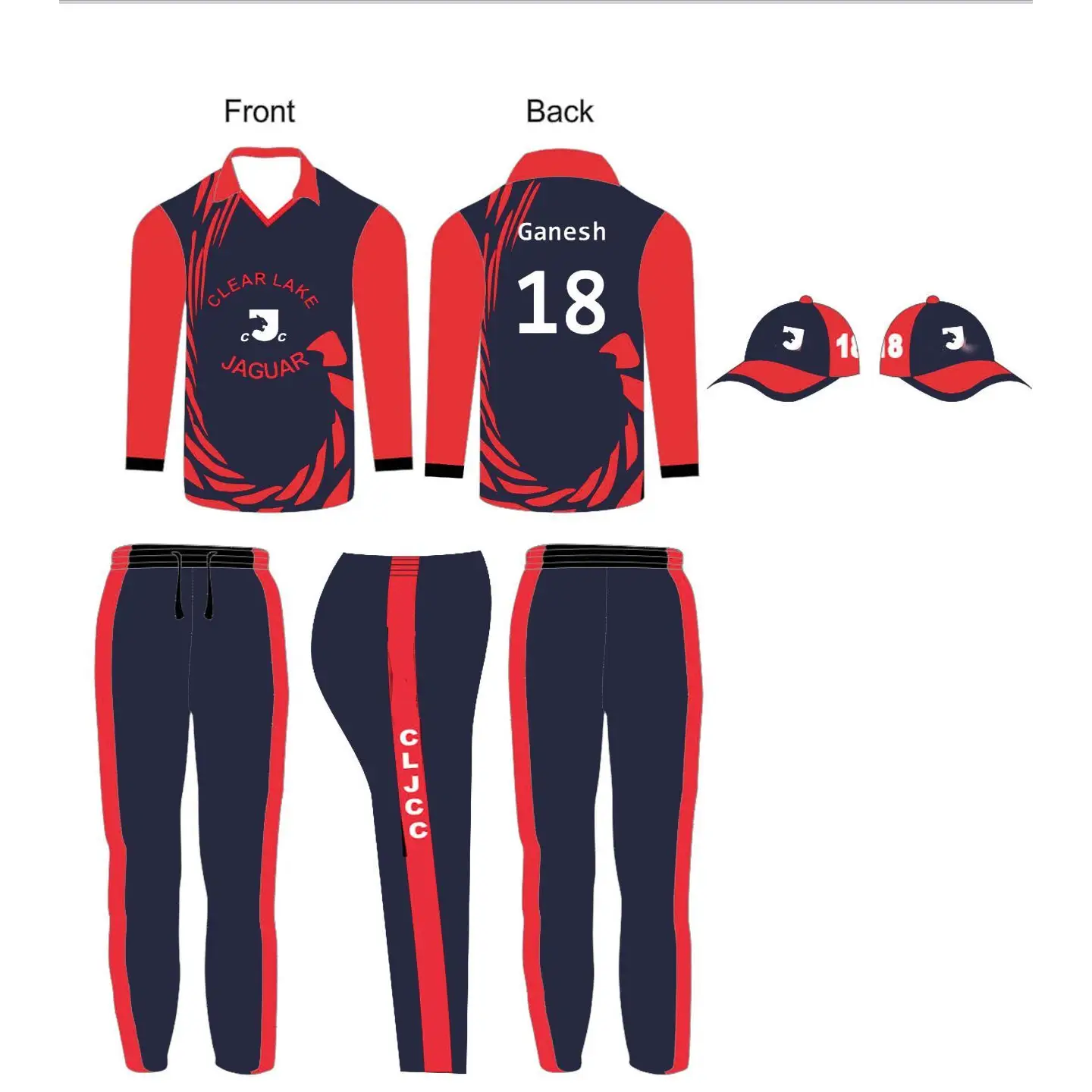 Black Red Cricket Jersey Trouser Cap Kit Full Sublimation - S-XL - Custom Cricket Wear 3PC Full