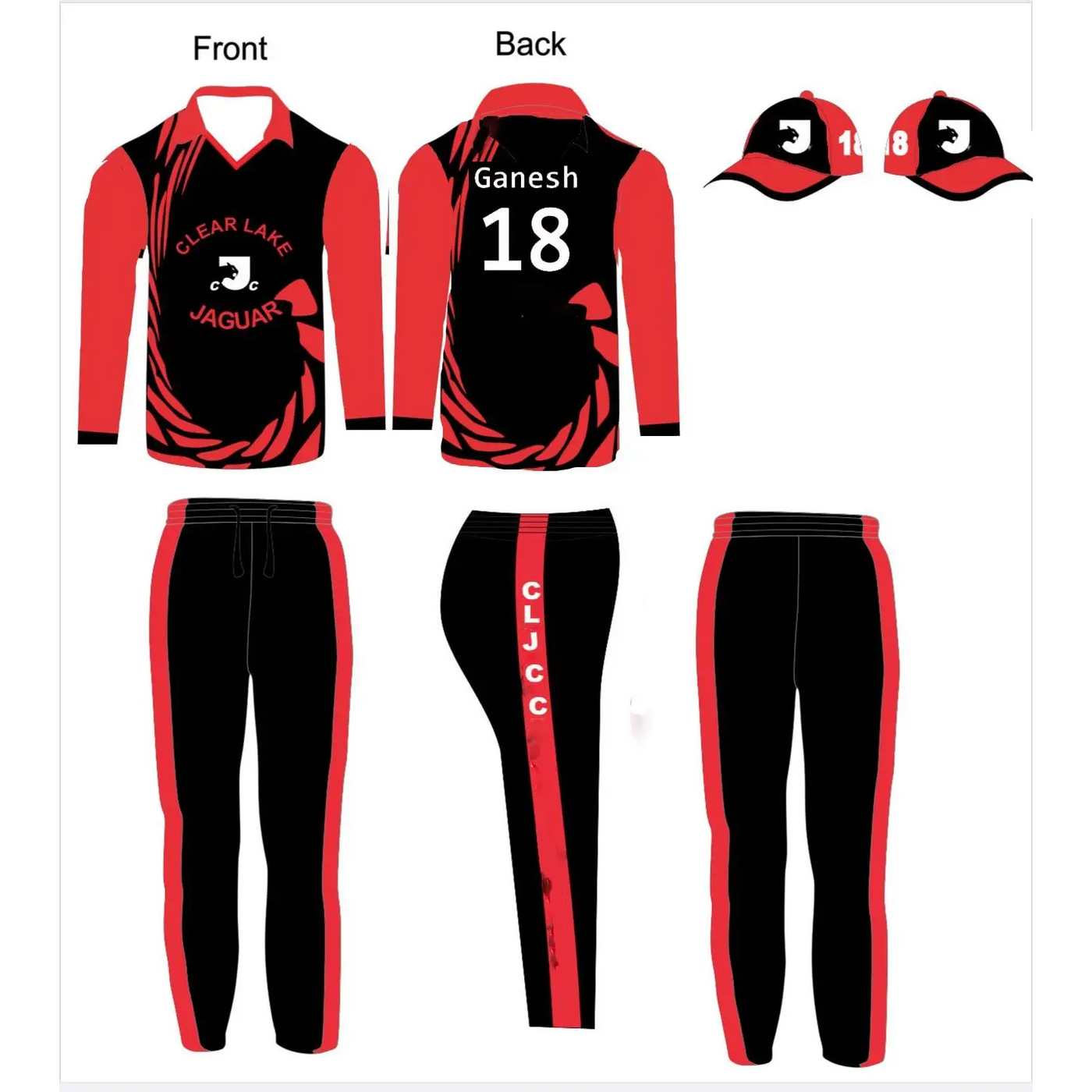 Black & Red Cricket Jersey Trouser Cap Kit Full Sublimation 3 Piece Set