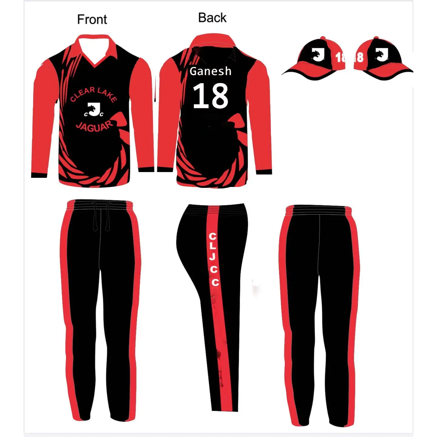 Black Red Cricket Jersey Trouser Cap Kit Full Sublimation - S-XL - Custom Cricket Wear 3PC Full