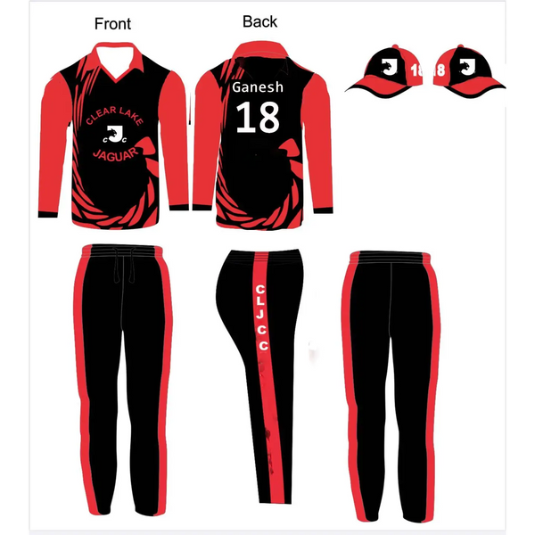 Black Red Cricket Jersey Trouser Cap Kit Full Sublimation - S-XL - Custom Cricket Wear 3PC Full