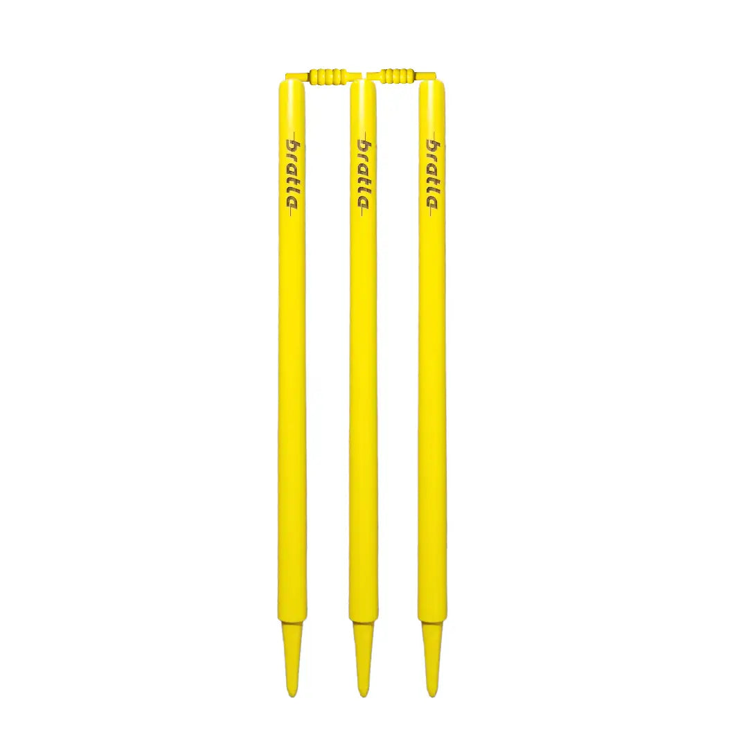 Bratla Cricket Stumps Wicket Neon Yellow High Quality Wooden Stumps Pack of 3 - STUMPS & BAILS